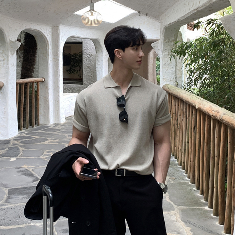 Asclo Korean Style Lapel Polo Shirt Men's Trendy Knitted Short-Sleeve T-Shirt Solid Color New Top Knitwear with a Cool Feel