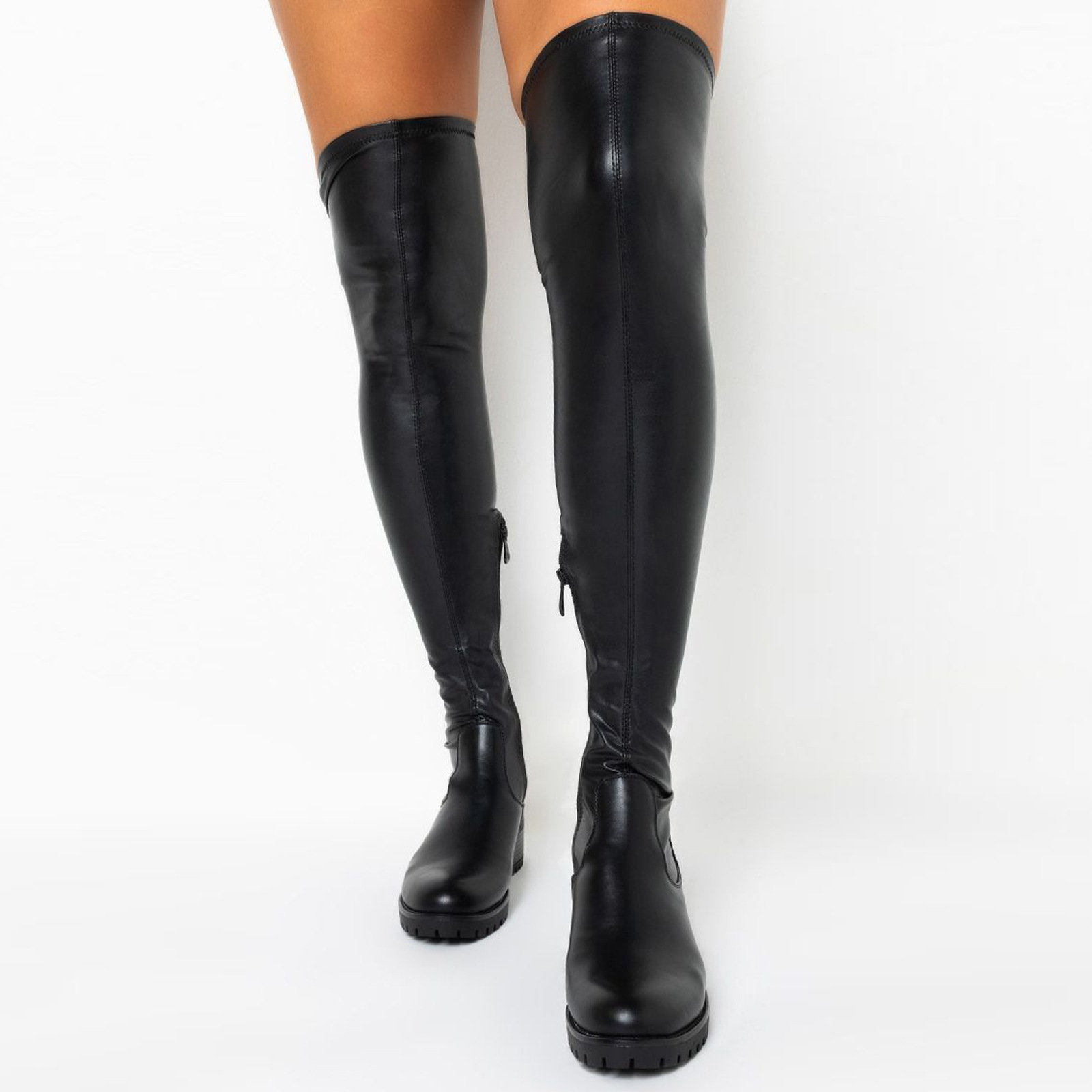 Women's Shoes mid heel retro round toe 40 43 zipper PU leather long boots women boots_voghion.com