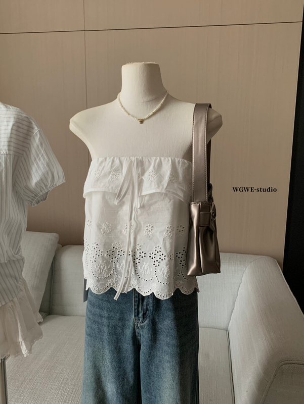 WGWE 夏の女性のフレンチピュアデザイナースタイル多用途痩身中空刺繍レースアップチューブトップ W6518|undefined