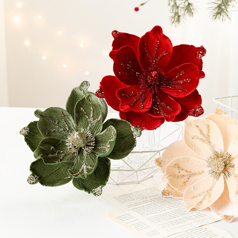 新品24CM粘粉植绒圣诞花玉兰花高档轻奢布艺圣诞节装饰品仿真花|undefined