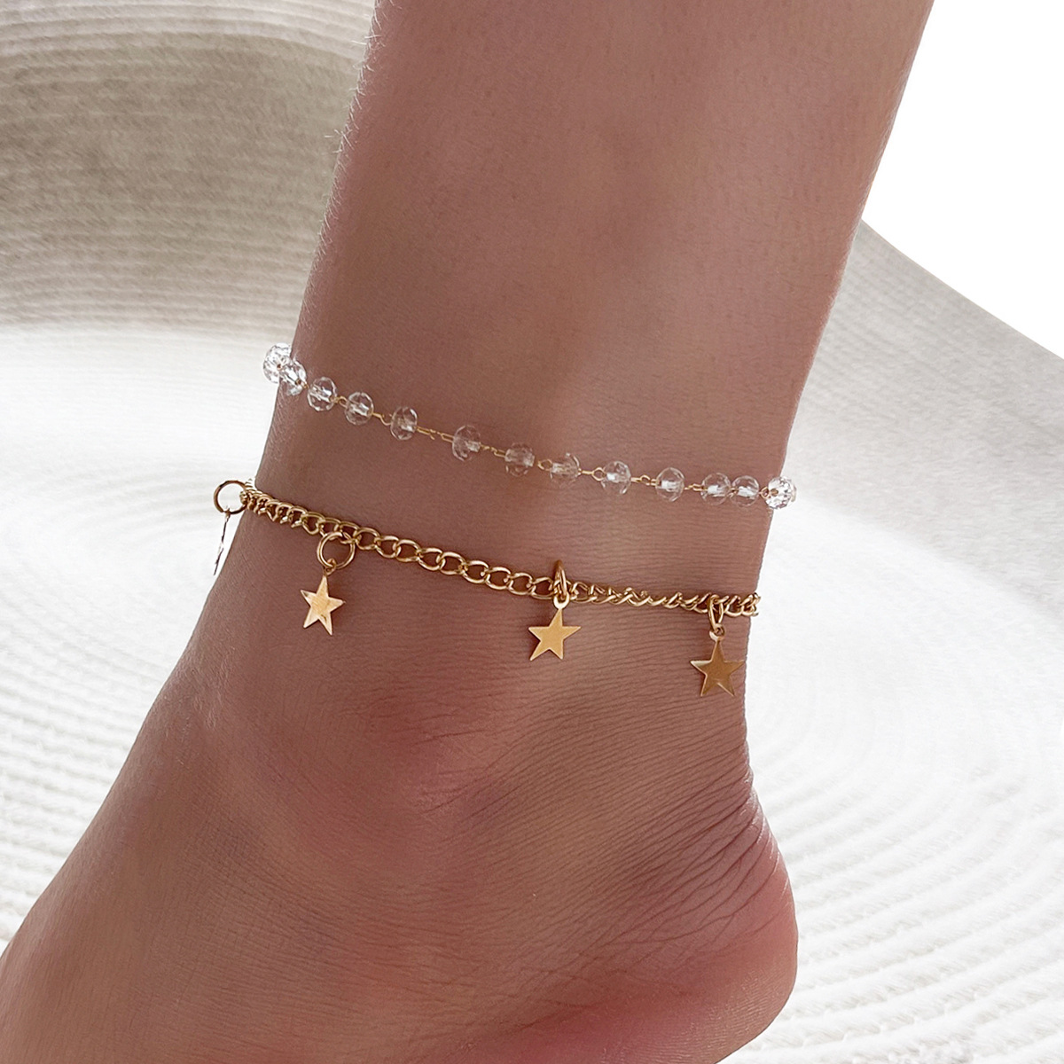 Fashion simple retro wild crystal beaded star double-layer alloy anklet