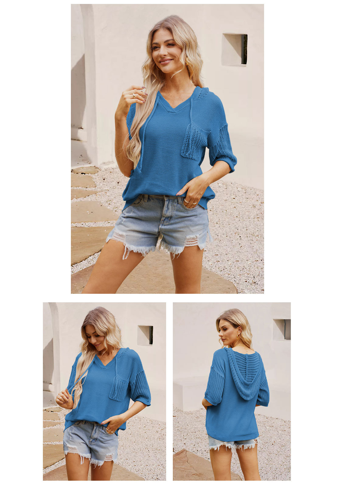 Sudadera con capucha mujer de punto cuello en v manga corta_voghion.com