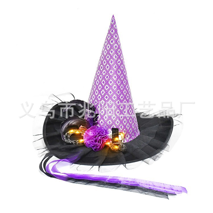 Nuevo sombrero de bruja de Halloween transfronterizo, sombrero de bruja morado negro, mascarada luminosa naranja, vestido de fiesta