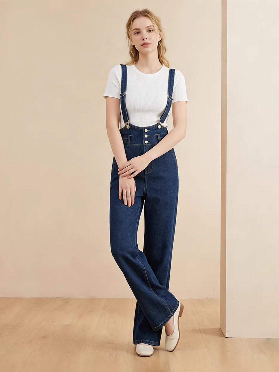 Yếm quần nữ denim ống rộng phong cách Hàn Quốc — xanh lam