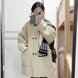韩版高端感毛呢大衣女中长款宽松显瘦冬新款小个子方领呢子外套女