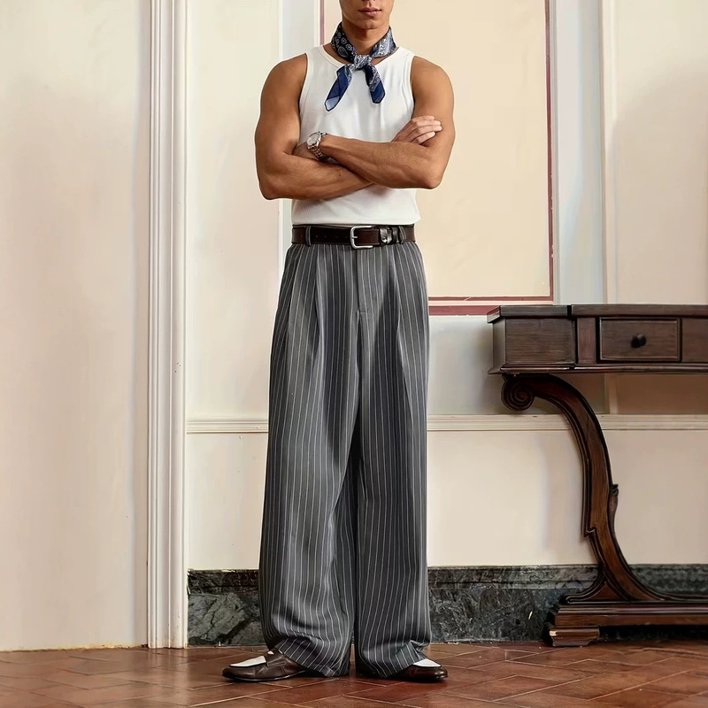 Striped Wide-Leg Dress Pants for Men, Spring and Autumn Korean Style, Loose Straight-Cut Pants with a High-End Drape, Suitable for Business, Commuting, and Casual Fashion