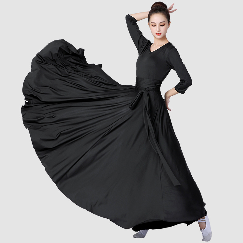 蒙古族藏族民族舞蹈练习裙新疆舞蹈服一片式系带大摆裙女艺考长裙