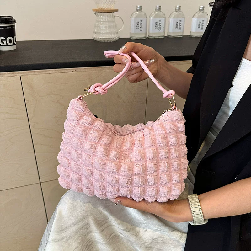 Quilted puff shoulder bag, knotted handle, compact underarm style, 7 colors