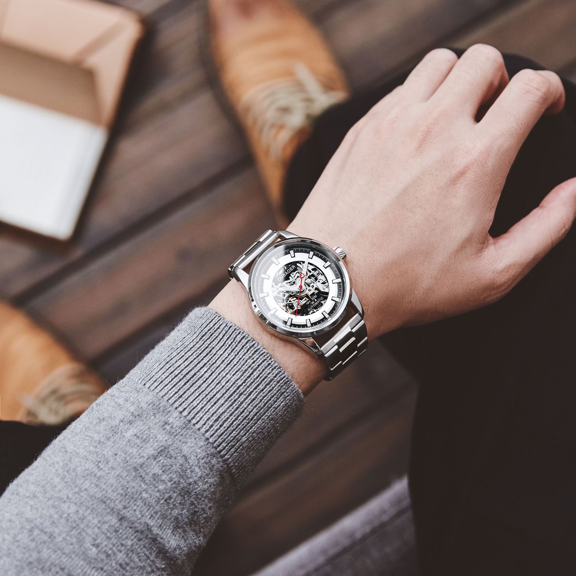 OUBAOER Opel OB2002C hombres reloj mecánico automático industria pesada diseño hueco reloj de acero inoxidable