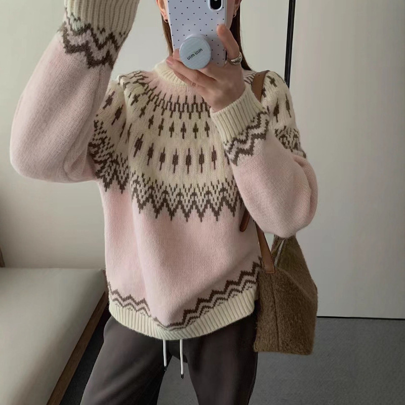 韩版复古设计感费尔岛套头毛衣女2025新款时尚百搭加厚提花针织衫|undefined