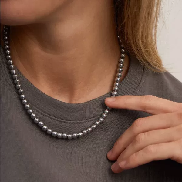European and American Cross-Border High-End Hemp Silver Gray Round Strong Light Pearl Necklace Women's Light Luxury Heart Long Sweater Chain Stacking