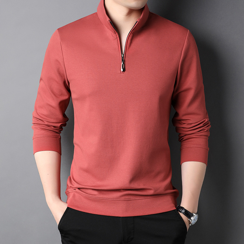 2024 Autumn Cotton Men's Long Sleeve Sweatshirt, Middle-Aged Stand Collar Zipper Solid Color Base Shirt, Versatile Casual Top