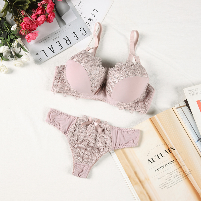 High quality lace gathered bra set, solid color nylon sexy lingerie set_voghion.com