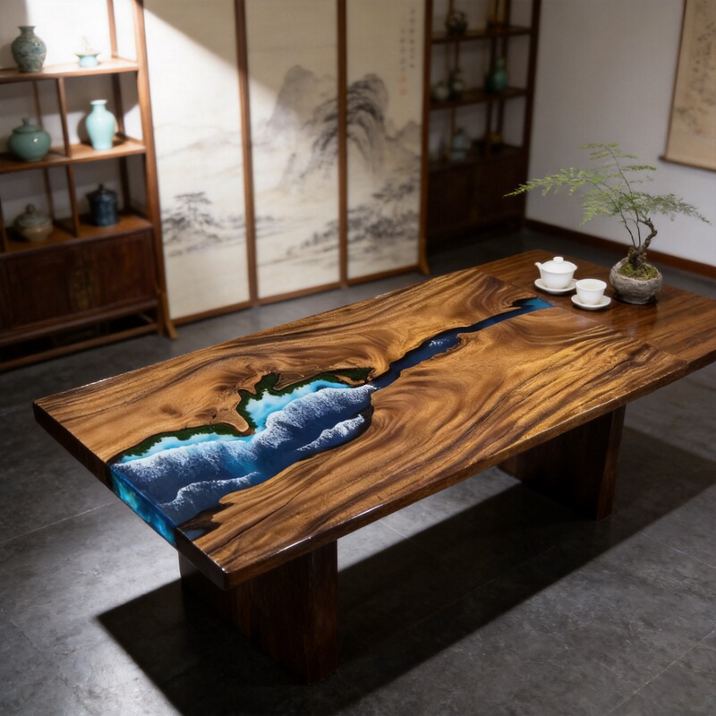 Modern minimalist rectangular epoxy resin river solid wood tea table, living room dining table, walnut wood office desk Modern minimalist rectangular epoxy resin river solid wood tea table, living room dining table, walnut wood office desk