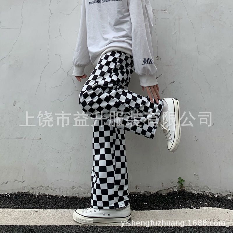 Cross-Border New European and American Women's Sports Pants Elastic Waist Plaid Pants Casual Jogging Pants Women's Wide-Leg Trousers