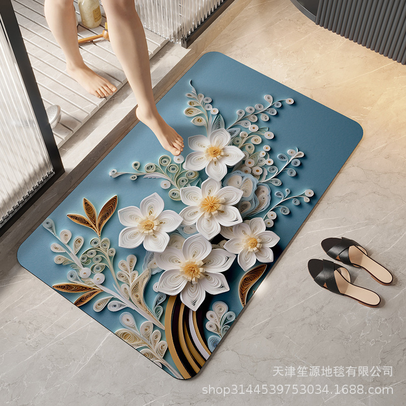 跨境硅藻泥立体花卉地垫浴室防滑垫家用卫生间进门入户速干软脚垫|undefined