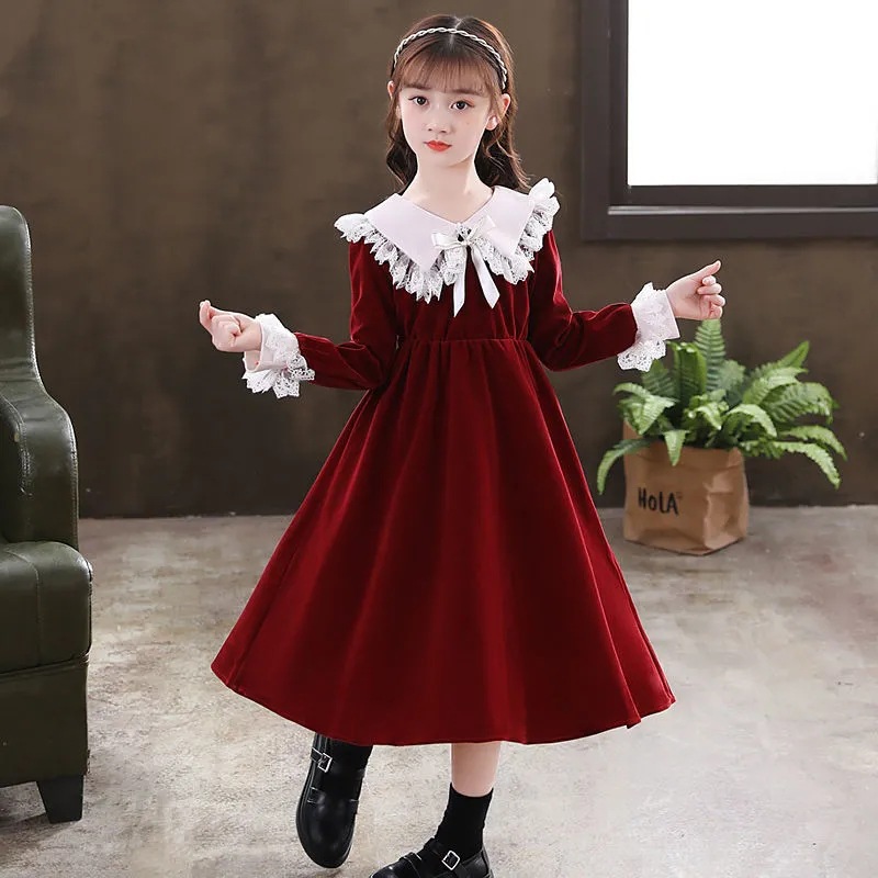 Vestido para niños vestido de Primavera de manga larga ropa para niños nuevo vestido de princesa occidental rojo en línea vestido de niña de longitud media
