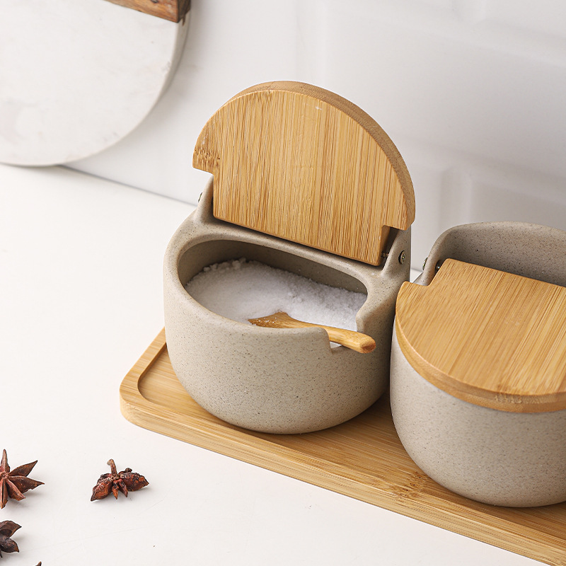 Tarro de condimento de tapa de madera de bambú de cerámica japonesa, caja de condimento, tanque de almacenamiento de condimento de cocina, juego de tarro de azúcar de sal para el hogar de restaurante