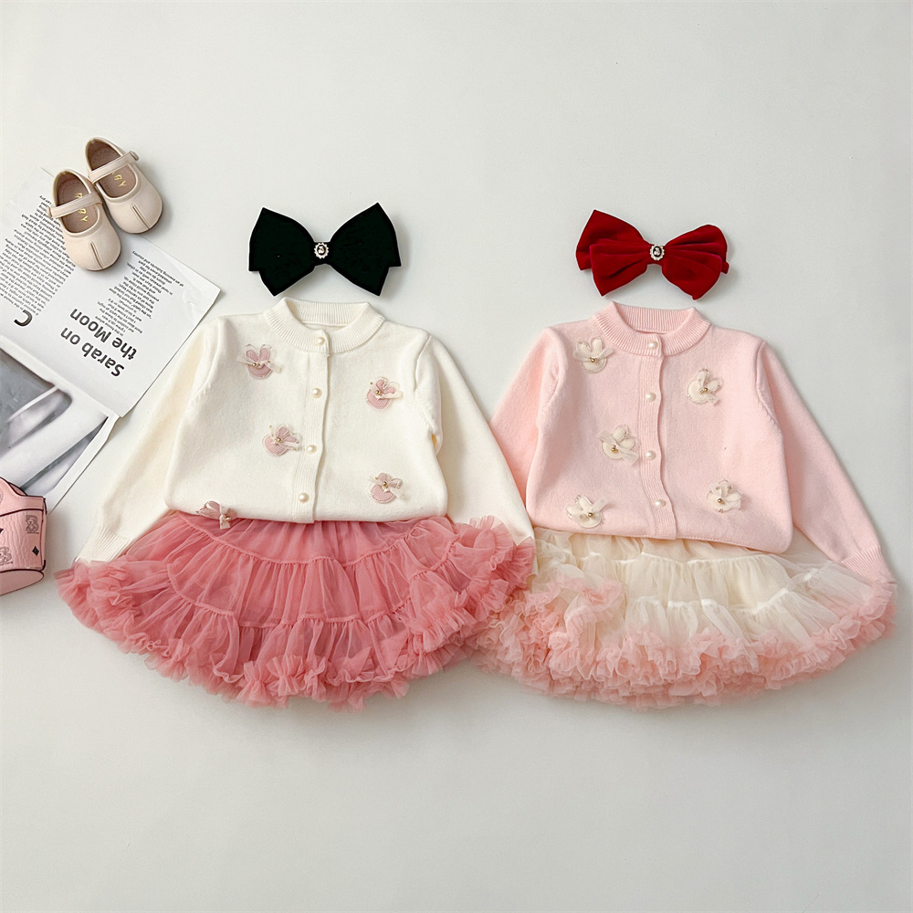 2024 Autumn/Winter New Tutu Long Sleeve Round Neck Solid Color Coat Children's Puff Skirt Two Piece Set Princess Style_voghion.com