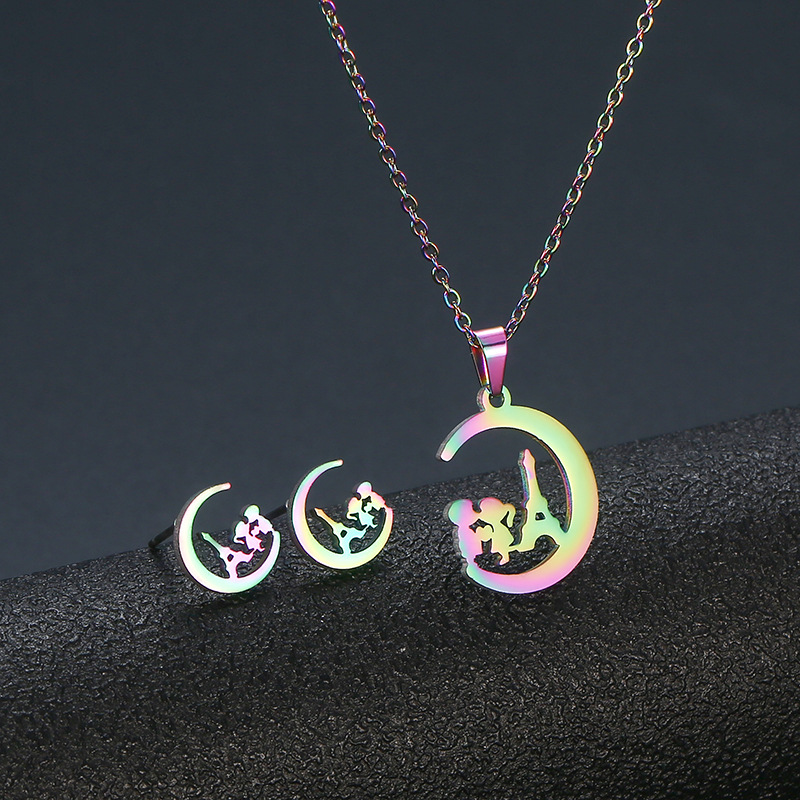 colorful boy and girl pendant clavicle chain earring set stainless steel
