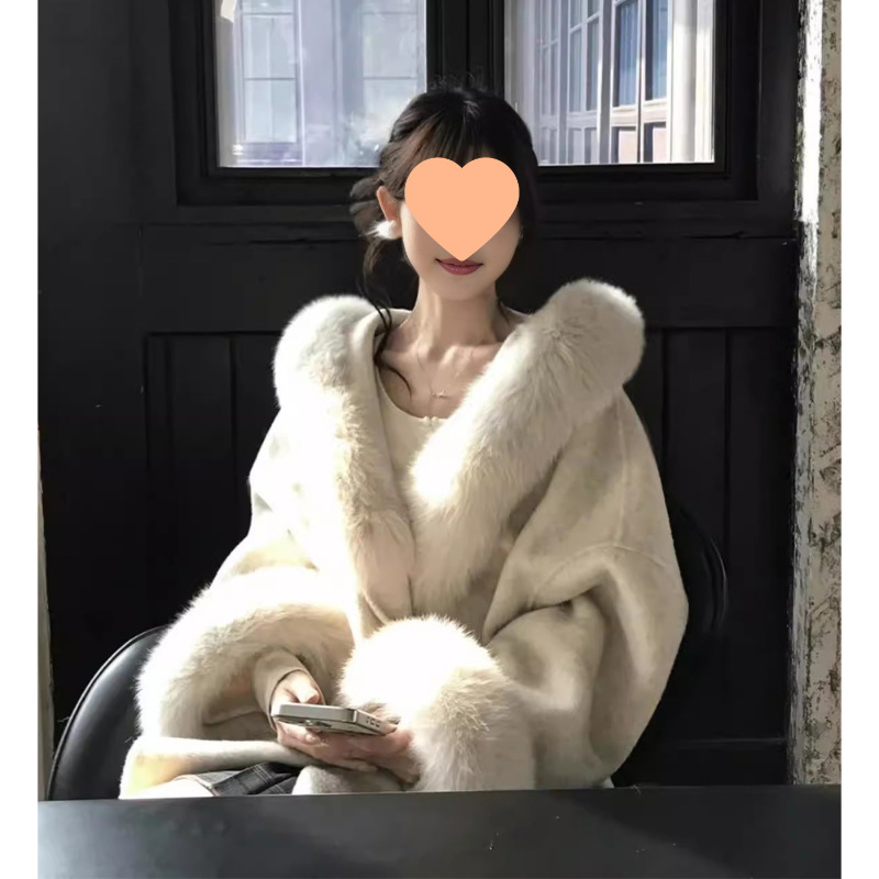 沪上千金 温柔风仿狐狸毛毛领连帽拼接大衣女冬气质宽松外套兔毛|undefined
