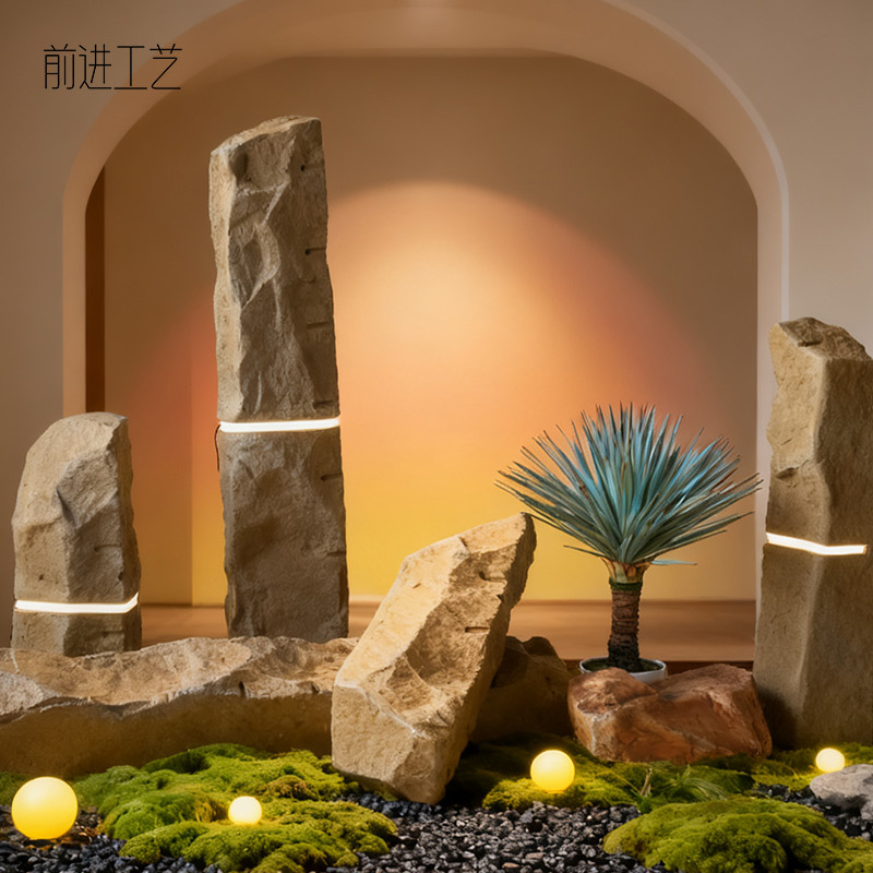 仿真石头灯带发光石柱中式景观摆件室内橱窗装饰玻璃钢造景假石头