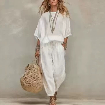 2026 Spring and Summer New European and American Style Linen Loose Casual Suit for Women Two-Piece Holiday Style Fashionable Wide-Leg Pants Set 2026 Spring and Summer New European and American Style Linen Loose Casual Suit for Women Two-Piece Holiday Style Fashionable Wide-Leg Pants Set