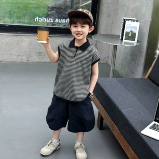 男童夏季套装设计感复古黑白条纹短袖polo衫两件套夏装新款童套装