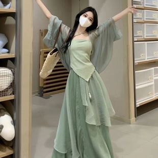 New Chinese Style Women's Clothing National Style Improved Hanfu Han Element Daily Small Green Dress Three-piece Suit Women