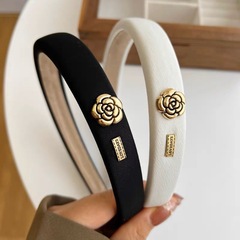 Black High Crown Camellia Flower Satin Band 2023 New Chanel Style Elegant Fashion High-Quality Headband for Women