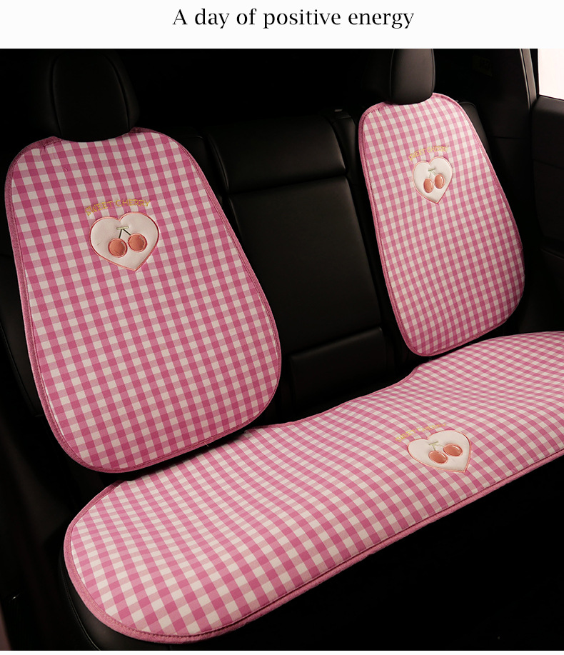 Plaid Cherry Car Cushion Four Seasons Universal Linen Single Piece Goddess Seat Cover Semi-enclosed Breathable Summer Day