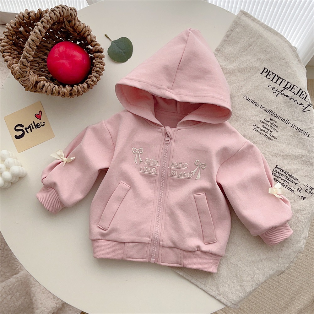 Ropa de bebé ropa de otoño bebé de dos piezas con lazo decoración cremallera chaqueta con capucha traje de pantalón traje de niña
