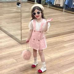 童裝女童背帶裙2024夏裝粉色彩點雙肩公主裙+泡泡紗短袖t恤上衣
