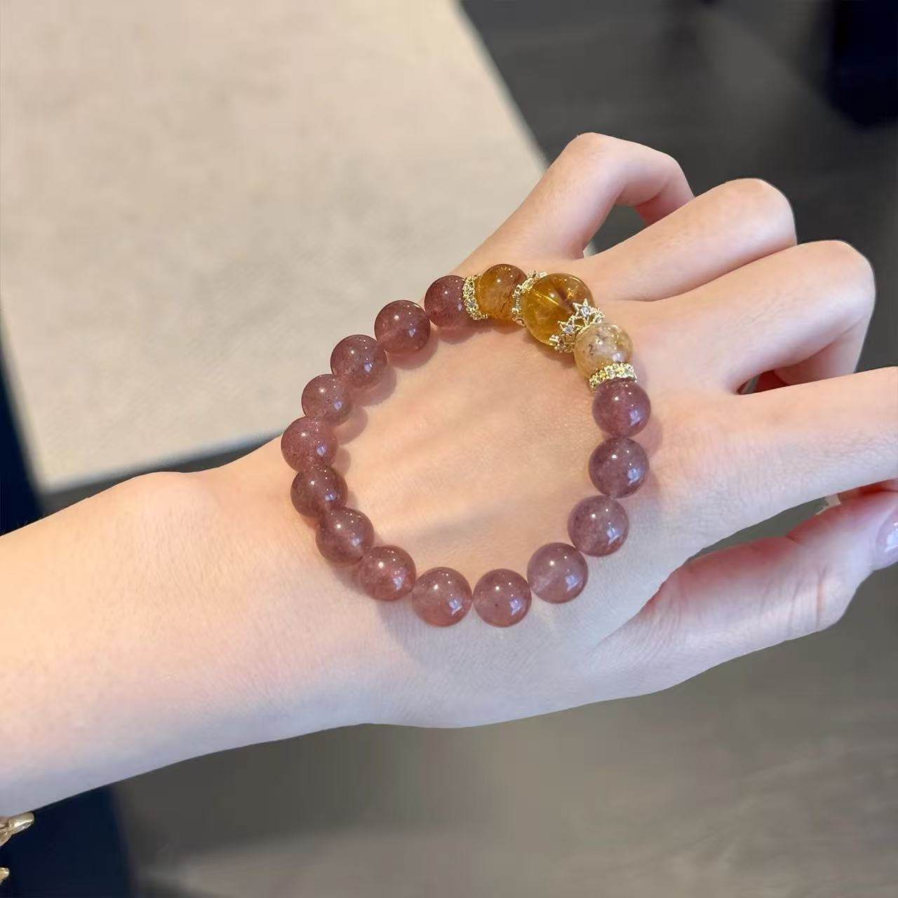Natural Strawberry Crystal with Yellow Tower Crystal Bracelet Niche Design Bracelet to Attract People, Love, Wealth, Good Luck and High-End Energy
