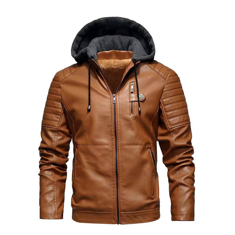 Motorcycle jacket for autumn and winter, men's thick fleece hooded zipper leather handsome stand up collar jacket, 1002_voghion.com