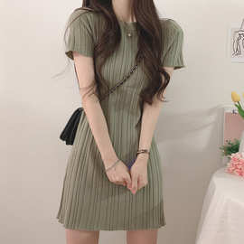 韩系气质优雅坑条短袖针织连衣裙2024夏季新款少女色系圆领短裙子