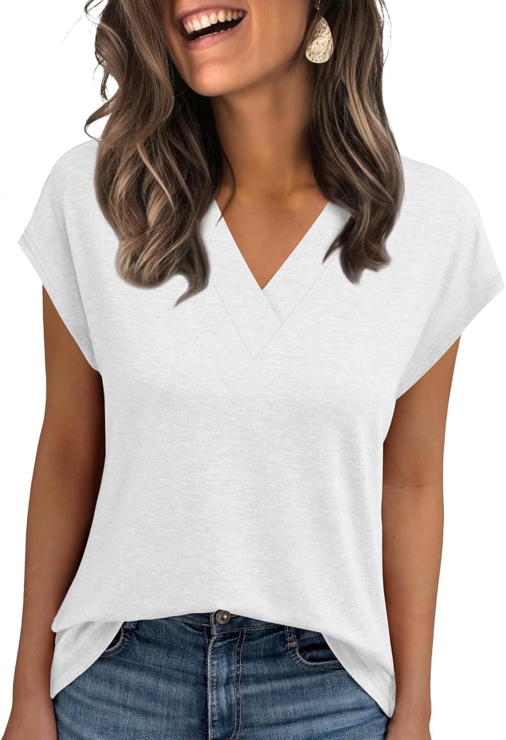 2026 Women Summer Casual V Neck Cap Sleeve Basic Tops_ecoleips.com