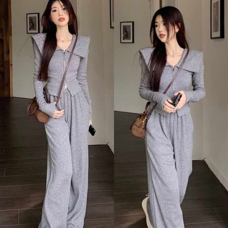 2025秋季新款娃娃时尚套装修身显瘦翻领外套休闲阔腿裤韩版两件套