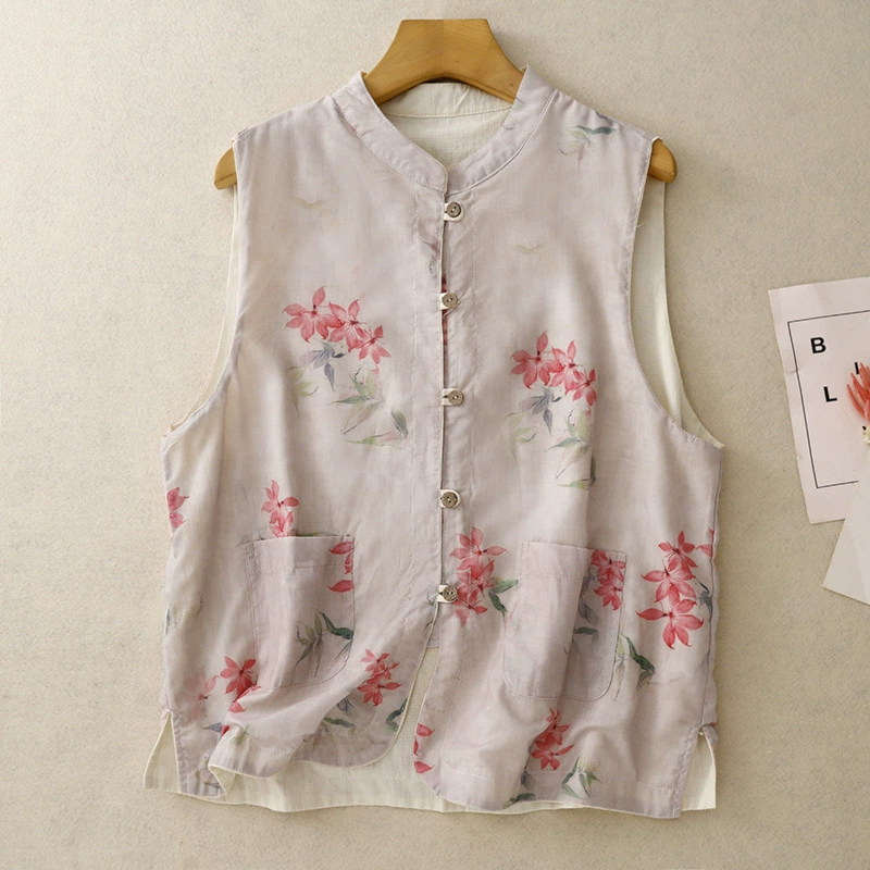 Реальный снимок новой летней хлопчатобумажной и льняной жилетки 2025 года, маленькая, свежая, в ретро стиле, двусторонняя, тонкая, женская.