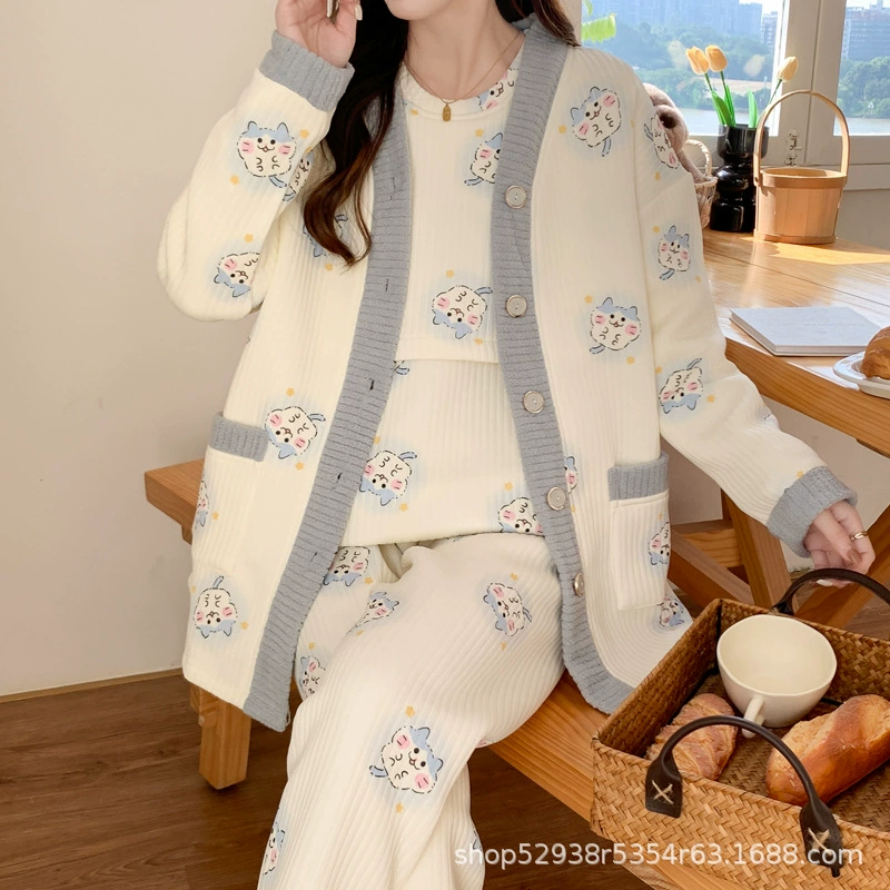 Воздушный хлопок Осадка из трех частей для беременных пижамы хлопчатобумажные осенние и зимние лактации после родов 10-3 месяца