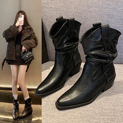 牛皮版~赵露思同款尖头堆堆靴短靴子高跟复古西部骑士靴V口中筒靴
