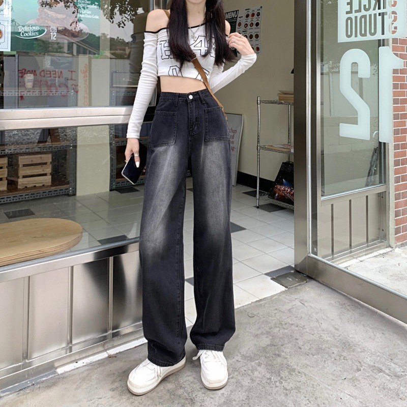 ChicShe Autumn Thickened Dark High-Waisted Simple Fashion Straight-Leg Jeans For Women With Zipper In Harajuku Style