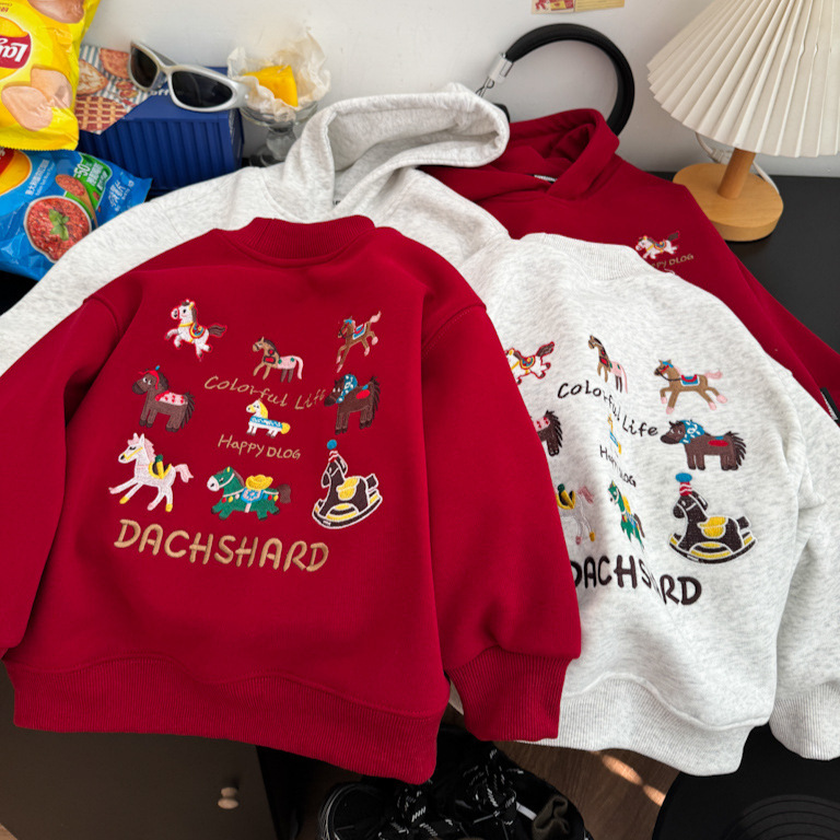男女童保暖卫衣加绒加厚2025冬款中小童马年货红色上衣拜年服连帽