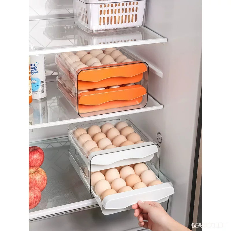 Kitchen drawer-type double-layer egg storage box transparent 32-grid refrigerator crisper can be stacked with egg trays and egg racks