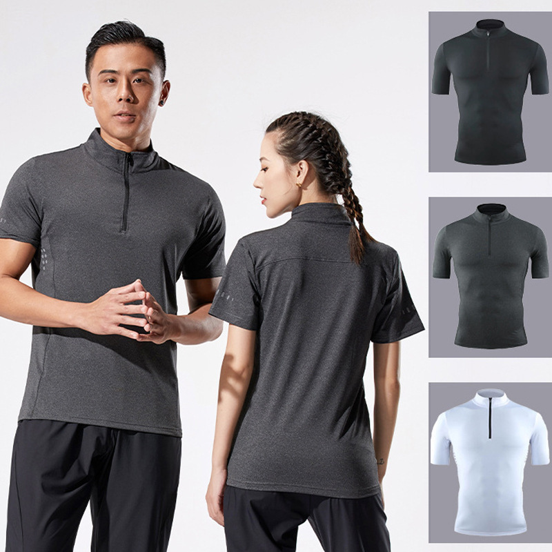 Quick-drying clothes for men and women outdoor leisure sports stand collar short sleeve slim-fit top polo shirt half zipper fashion fitness