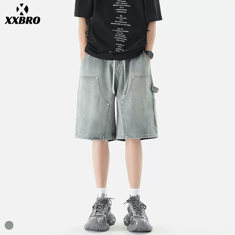 xxbro男装#牛仔中裤男水洗做旧黄泥染复古松紧腰系带简约百搭短裤