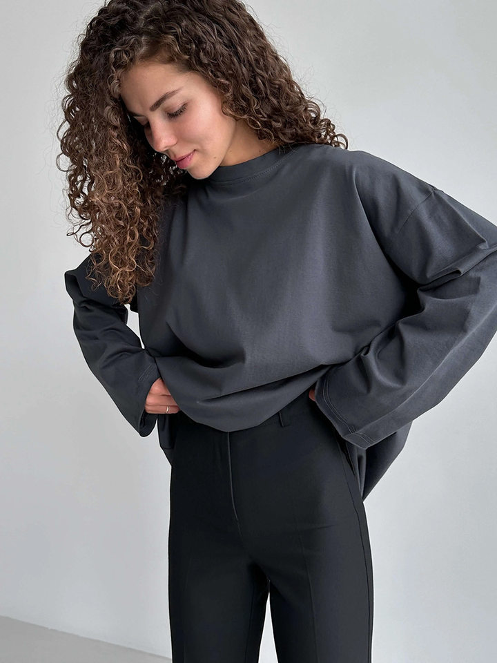 Áo thun nữ cotton 100% cổ tròn tay dài form rộng màu trơn — Màu cà phê, Màu hồng, Màu mơ, Màu trắng chi tiết 9