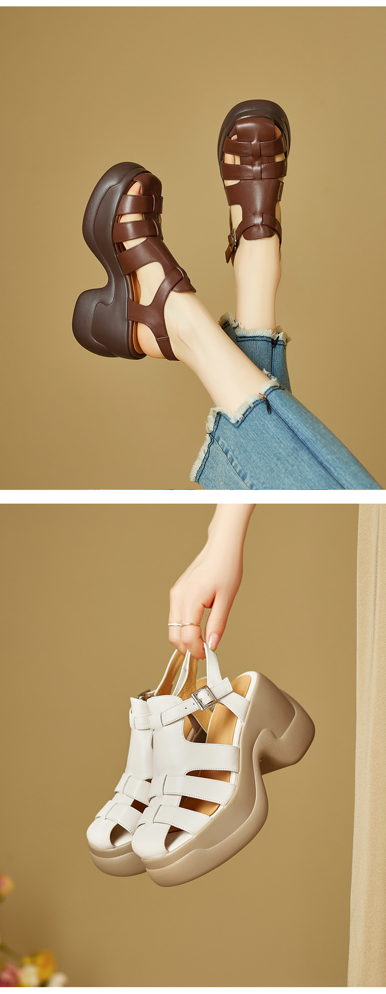 Sandal cao gót nữ mũi bao đế platform 9 cm quai chữ T kiểu La Mã — nâu sẫm chi tiết 7