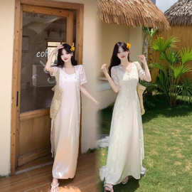 2025年大码女装美貌滤镜 优雅气质吊带连衣裙女+钩花镂空鲁穿罩衫