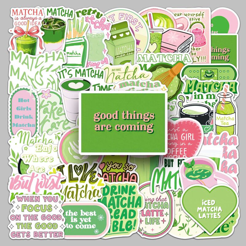 50 Matcha Girl Aesthetic Stickers in Pink and Green, Fresh and Simple Slogans, Graffiti, Phone Case, Power Bank, Planner Stickers